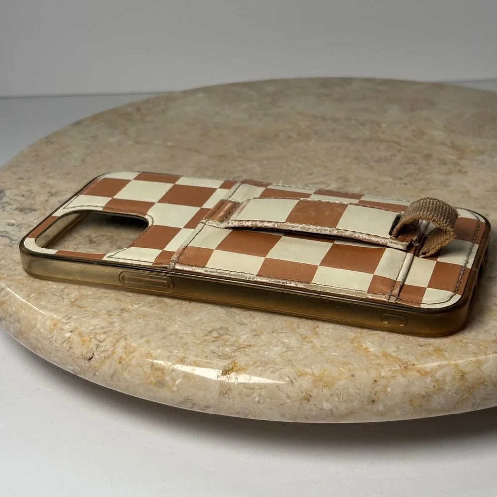 Walli iPhone‎ 12 Pro Max Case Tan Cream Checkered Strap Card Slot